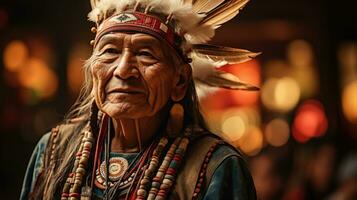 inheems Amerikaans tribal chef in traditioneel ceremonieel regalia het uitvoeren van voorouderlijk dans foto