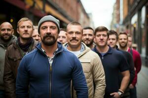 groot groep van mannen deelnemen in movember liefdadigheid wandelen in stad foto