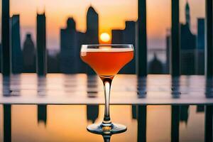 een cocktail in voorkant van een stad horizon Bij zonsondergang. ai-gegenereerd foto