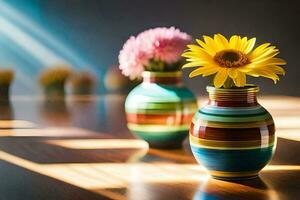 twee kleurrijk vazen met geel bloemen zittend Aan een tafel. ai-gegenereerd foto