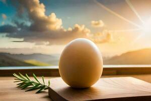 een ei Aan een houten tafel met een visie van de bergen. ai-gegenereerd foto