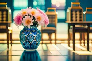 een vaas met bloemen zittend Aan een tafel in voorkant van stoelen. ai-gegenereerd foto