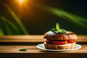 een belegd broodje met tomaten en basilicum Aan een bord. ai-gegenereerd foto