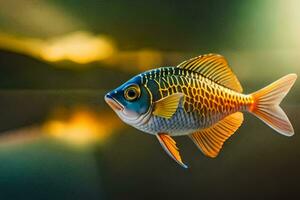 een vis met een geel en blauw lichaam is drijvend in de water. ai-gegenereerd foto