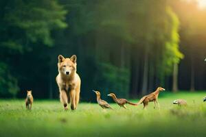 een hond en vogelstand in de gras. ai-gegenereerd foto