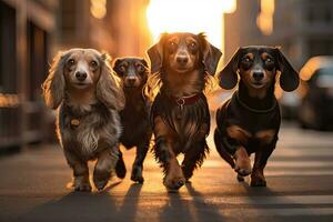 groep van teckels wandelen in de stad Bij zonsondergang, groep van honden wandelen in de stad Bij zonsondergang. teckel, teckel en spaniël, ai gegenereerd foto