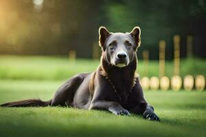 een hond houdende Aan de gras in de zon. ai-gegenereerd foto