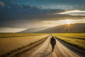 een Mens wandelingen naar beneden een aarde weg in de midden- van een Open veld. ai-gegenereerd foto