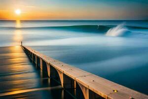 een lang blootstelling foto van een pier Bij zonsondergang. ai-gegenereerd