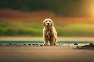 gouden retriever staand Aan de strand Bij zonsondergang. ai-gegenereerd foto