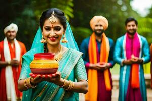 Indisch vrouw Holding een pot van olie. ai-gegenereerd foto