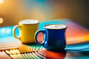 twee koffie cups Aan een kleurrijk tafel. ai-gegenereerd foto