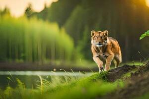 een tijger wandelen aan de overkant een met gras begroeid heuvel. ai-gegenereerd foto