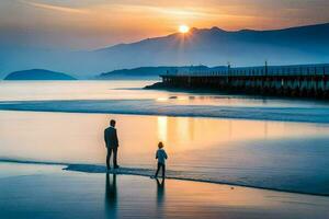 een Mens en kind wandelen langs de strand Bij zonsondergang. ai-gegenereerd foto