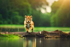 een wolf is wandelen aan de overkant een log in de water. ai-gegenereerd foto