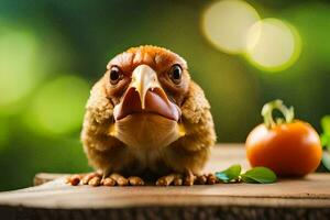 een klein vogel met een groot bek zittend Aan een houten tafel. ai-gegenereerd foto