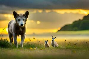 een hond en twee klein dieren in een veld. ai-gegenereerd foto