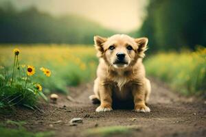 een puppy zittend Aan de grond in een veld. ai-gegenereerd foto