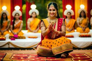een vrouw in een Indisch bruiloft jurk zittend Aan de vloer. ai-gegenereerd foto