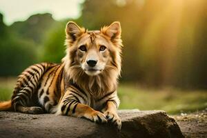 een tijger is zittend Aan een rots in de zon. ai-gegenereerd foto