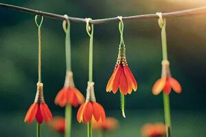 rood bloemen hangende van een draad. ai-gegenereerd foto