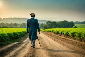 een Mens in een pak wandelingen naar beneden een aarde weg. ai-gegenereerd foto