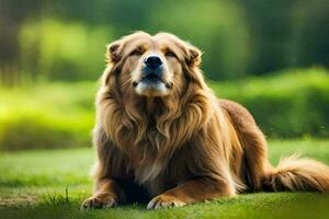 een groot bruin hond zittend in de gras. ai-gegenereerd foto