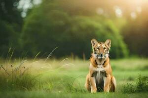 een tijger zittend in de gras. ai-gegenereerd foto