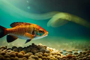 een vis zwemmen in een tank met grind. ai-gegenereerd foto