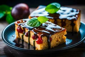 twee stukken van taart met chocola saus en kersen. ai-gegenereerd foto