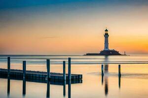 een vuurtoren staat in de midden- van de oceaan Bij zonsondergang. ai-gegenereerd foto