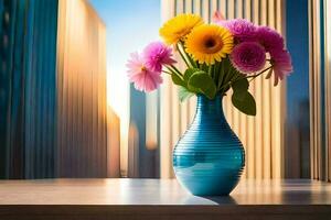 een blauw vaas met kleurrijk bloemen Aan een tafel in voorkant van een venster. ai-gegenereerd foto