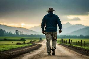 een Mens wandelen naar beneden een aarde weg in de land. ai-gegenereerd foto