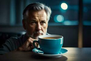 een ouder Mens zittend Bij een tafel met een kop van koffie. ai-gegenereerd foto