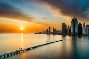 de zon stijgt over- de stad horizon in dubai. ai-gegenereerd foto