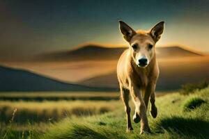 een hond rennen in de gras Bij zonsondergang. ai-gegenereerd foto