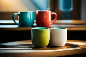 drie kleurrijk koffie cups zitten Aan een houten tafel. ai-gegenereerd foto
