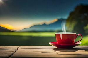 een kop van koffie Aan een houten tafel in de bergen. ai-gegenereerd foto