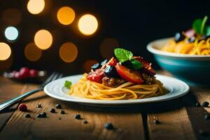 spaghetti met vlees en groenten Aan een bord. ai-gegenereerd foto