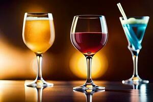 drie bril van wijn en een cocktail Aan een tafel. ai-gegenereerd foto