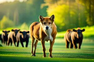 een hond is staand in voorkant van een kudde van vee. ai-gegenereerd foto