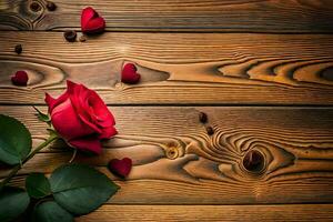 rood roos Aan een houten achtergrond. ai-gegenereerd foto
