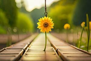 een single geel bloem is staand Aan een houten spoor. ai-gegenereerd foto