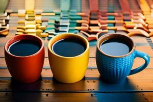 drie koffie cups Aan een houten tafel. ai-gegenereerd foto