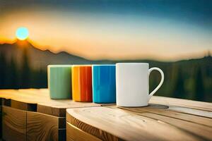 kleurrijk koffie cups Aan een houten tafel met bergen in de achtergrond. ai-gegenereerd foto