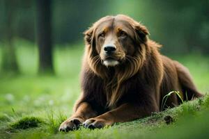 een groot bruin hond houdende in de gras. ai-gegenereerd foto