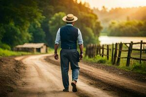 een Mens in een hoed en pak wandelen naar beneden een aarde weg. ai-gegenereerd foto