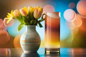 een vaas met tulpen en een glas van oranje sap. ai-gegenereerd foto