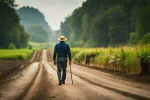 een Mens wandelen naar beneden een aarde weg met een riet. ai-gegenereerd foto