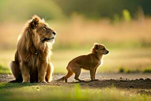 een leeuw en een hond zijn zittend Aan de grond. ai-gegenereerd foto